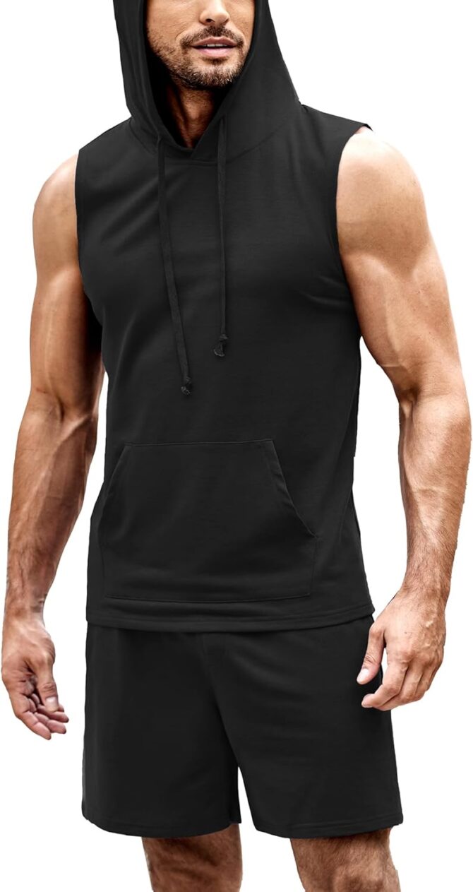 Mens Sleeveless Workout Hoodie Shorts Set 2 Piece Outfits Hooded Tank Tops Gym Tracksuit Sweatsuits