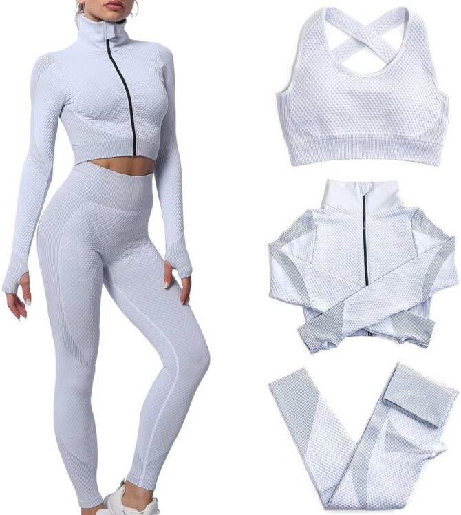 Women's 3pcs Seamless Workout Outfits Sets, Yoga Sportswear Tracksuit Leggings and Stretch Sports Bra Fitness