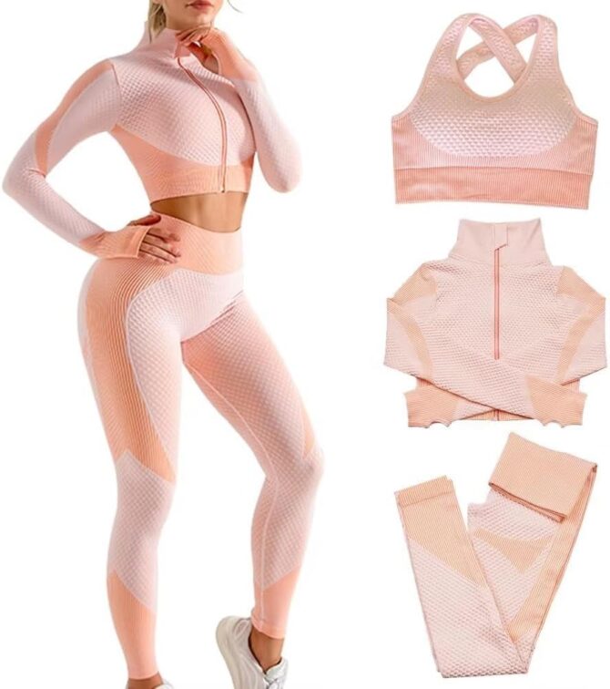 Women's 3pcs Seamless Workout Outfits Sets, Yoga Sportswear Tracksuit Leggings and Stretch Sports Bra Fitness