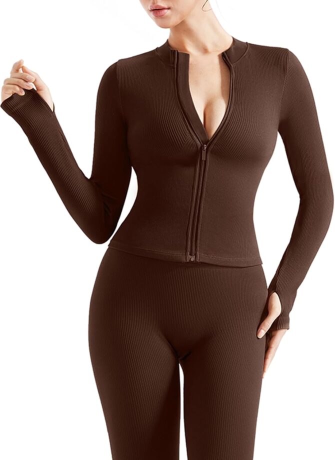 Women 2 Piece Seamless Ribbed Workout Sets With Zip Up Jacket High Waisted Gym Yoga Leggings - Image 2