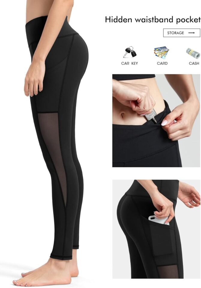 Women's Mesh Yoga Leggings with Side Pockets Tummy Control Workout Running Capris High Waist Yoga Pants - Image 2