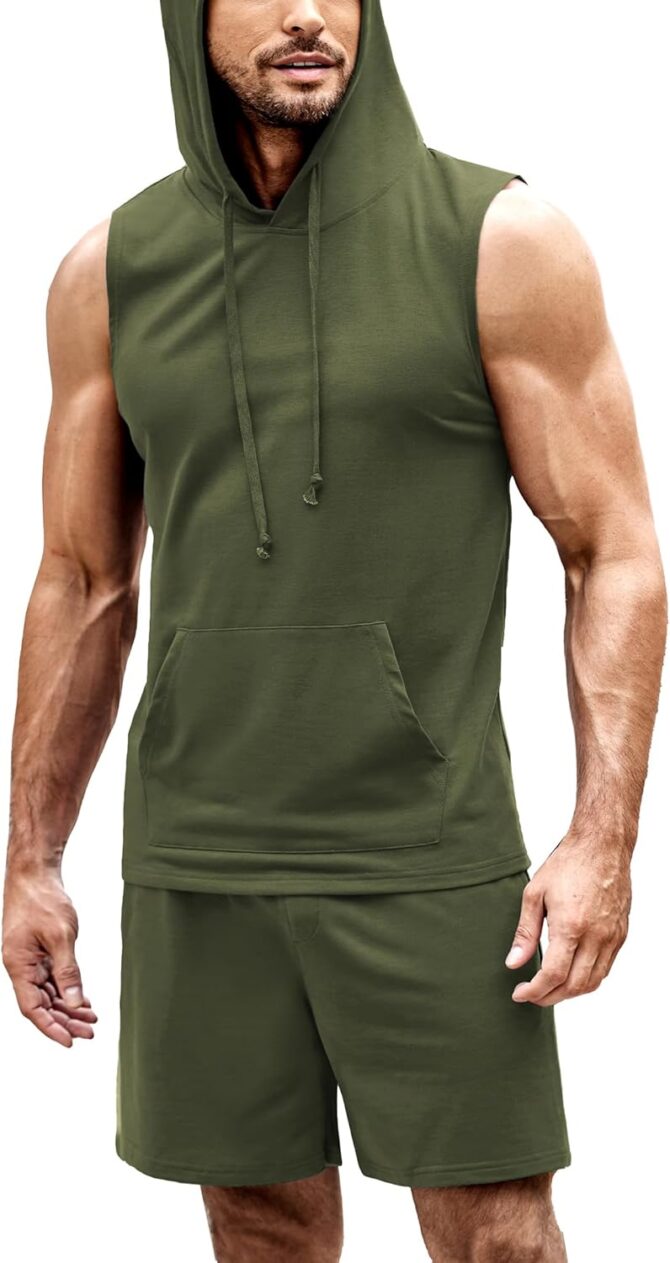 Mens Sleeveless Workout Hoodie Shorts Set 2 Piece Outfits Hooded Tank Tops Gym Tracksuit Sweatsuits