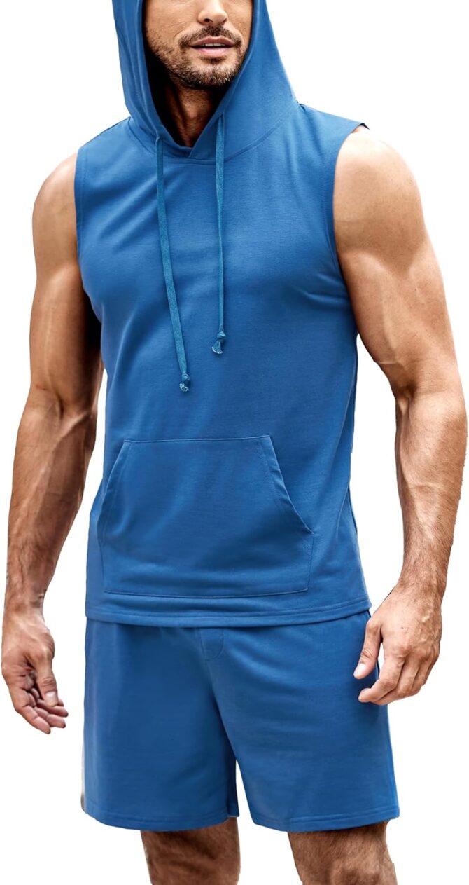 Mens Sleeveless Workout Hoodie Shorts Set 2 Piece Outfits Hooded Tank Tops Gym Tracksuit Sweatsuits