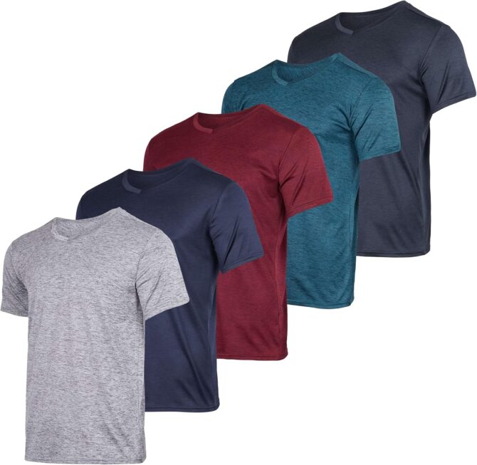 5 Pack: Men’s V-Neck Dry-Fit Moisture Wicking Active Athletic Tech Performance T-Shirt