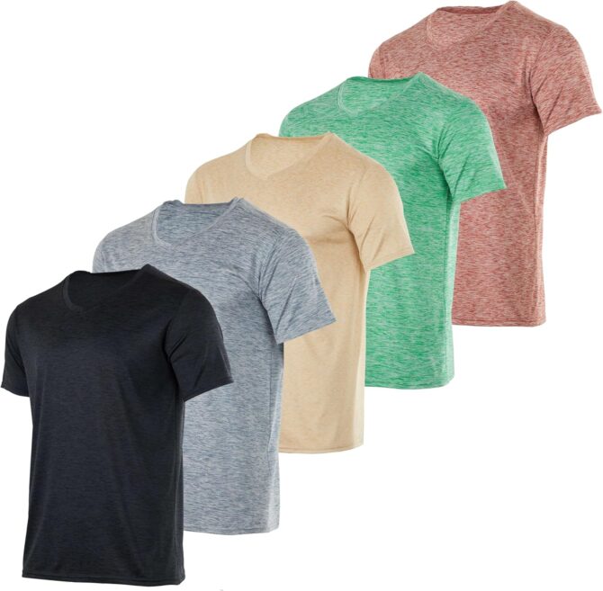 5 Pack: Men’s V-Neck Dry-Fit Moisture Wicking Active Athletic Tech Performance T-Shirt