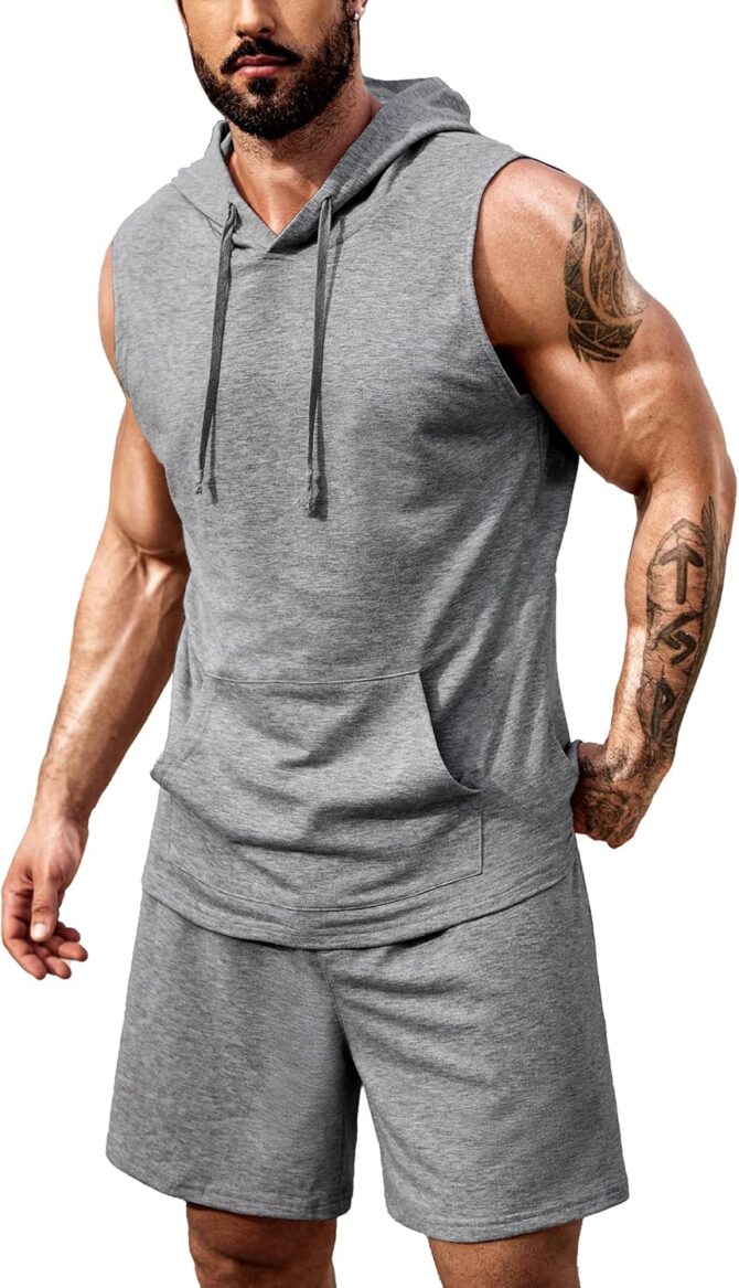 Mens Sleeveless Workout Hoodie Shorts Set 2 Piece Outfits Hooded Tank Tops Gym Tracksuit Sweatsuits